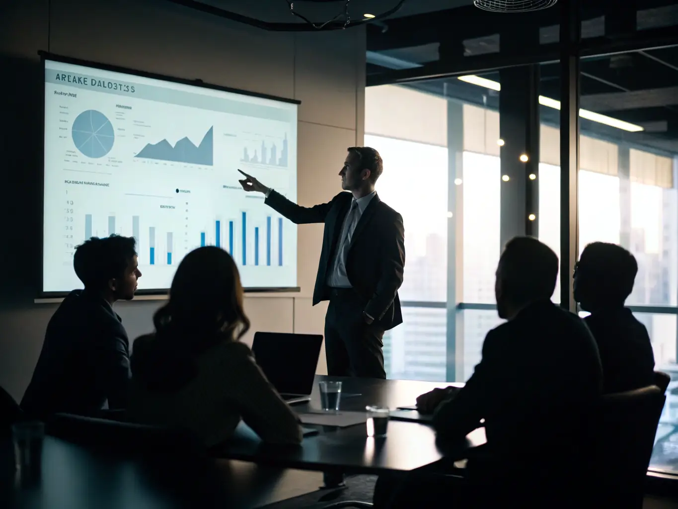 A professional business consultant in a navy suit presenting a growth strategy to a group of executives in a modern corporate boardroom, conveying expertise and trustworthiness.