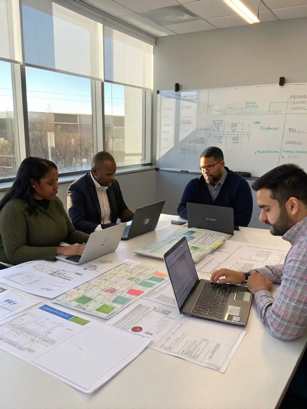 A diverse team of executives collaborating over printed strategic plans and digital tablets in a bright, corporate boardroom, emphasizing teamwork and planning.