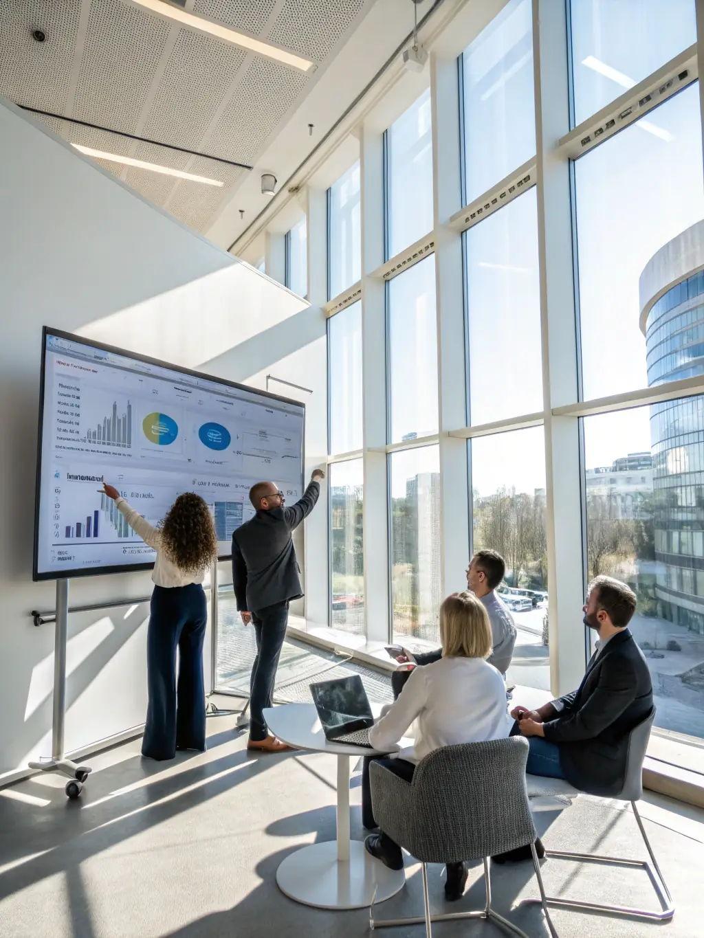 A flowchart of optimized business processes displayed on a large screen, with professionals discussing improvements in a sleek, high-tech workspace.