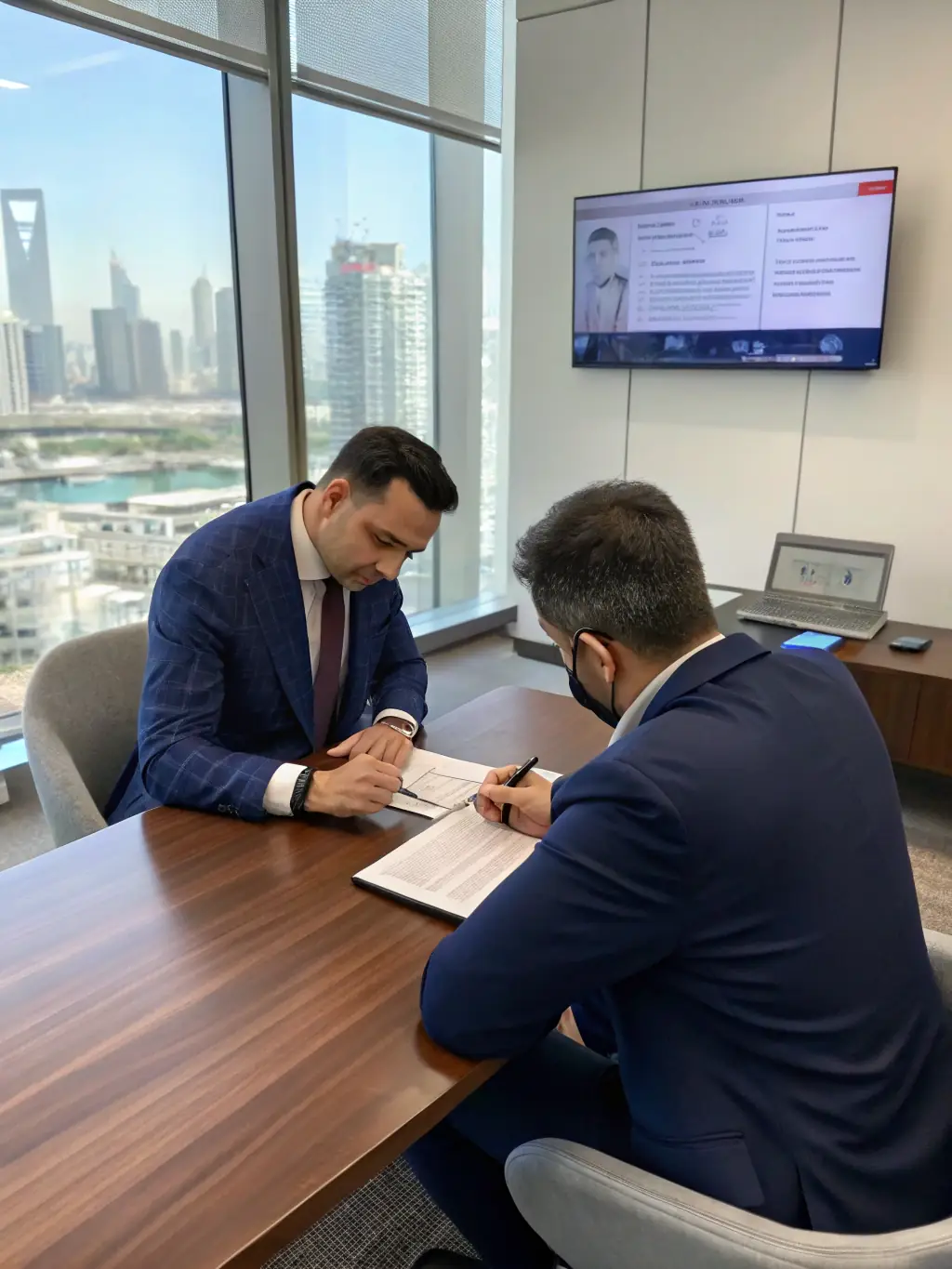 A professional consultant in a navy suit discussing business strategies with two clients in a modern, glass-walled office, conveying trust and expertise for a consulting website.