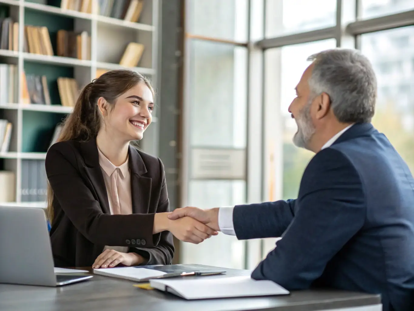 A confident business consultant in a navy suit shaking hands with a client in a modern, glass-walled office, symbolizing trust and professionalism for a consulting firm's website.