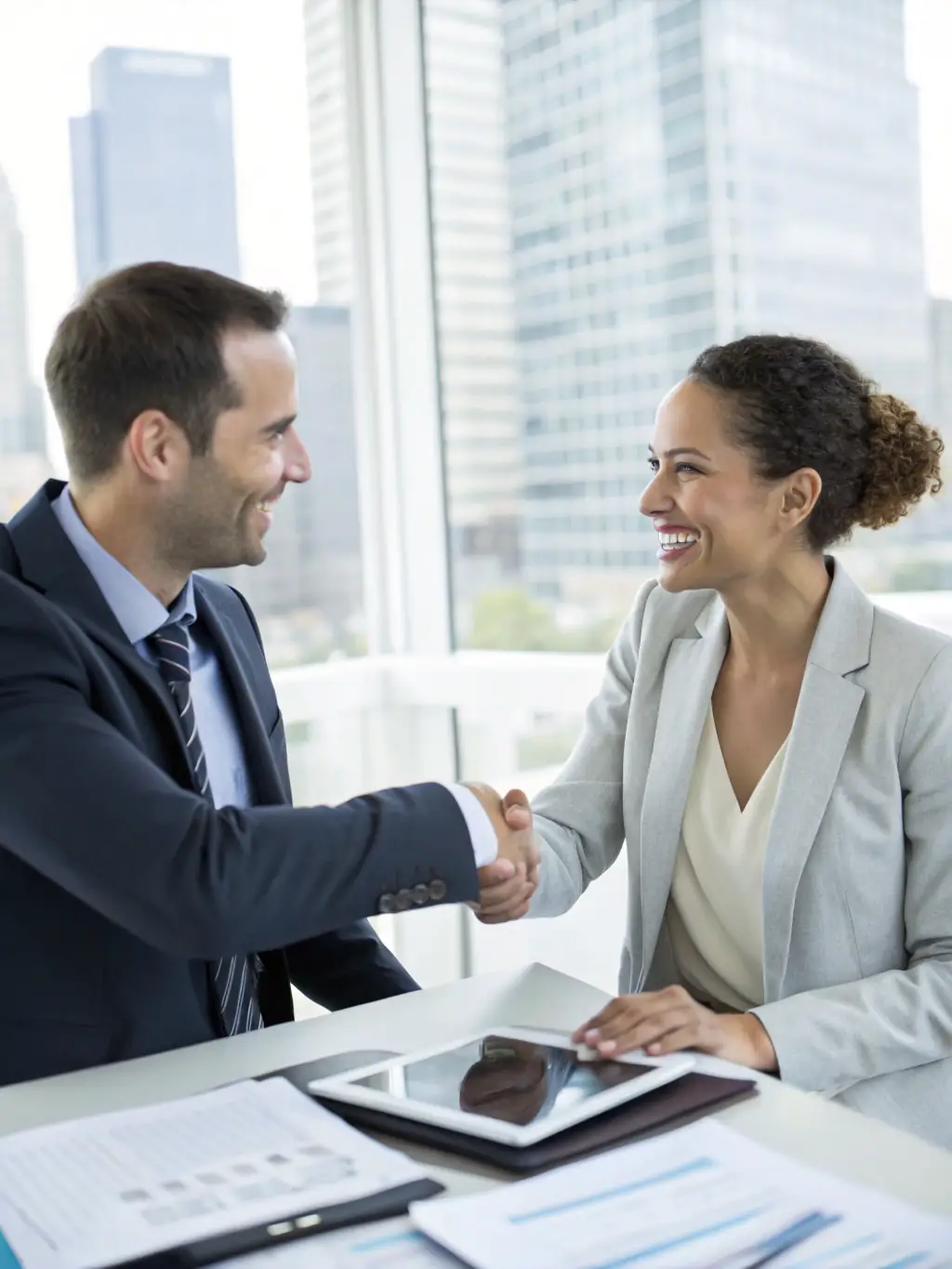 A business team in formal attire shaking hands over a new partnership agreement, with city skyline visible through large windows, symbolizing growth and opportunity.
