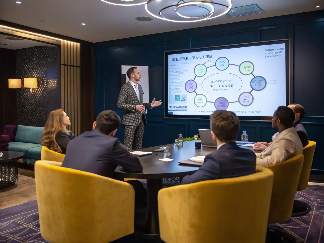 A confident consultant leading a strategic planning session with diverse business leaders, large whiteboard with charts and diagrams, modern office setting, navy and charcoal accents.