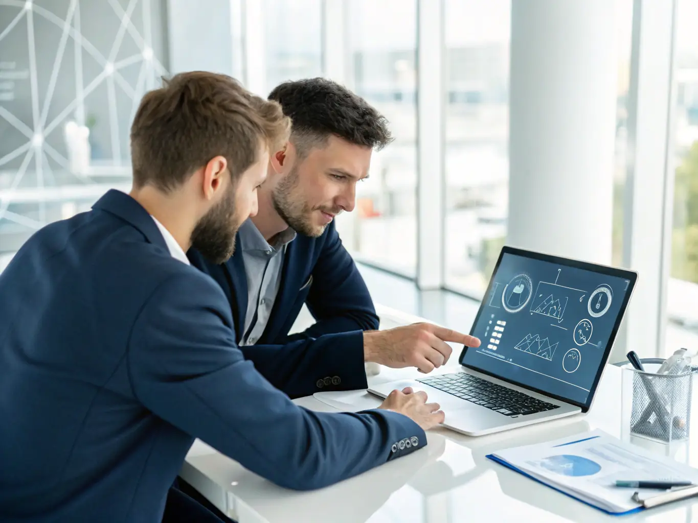 A consultant analyzing operational workflows with a client, reviewing process maps and performance metrics on a digital tablet, in a bright, organized workspace.