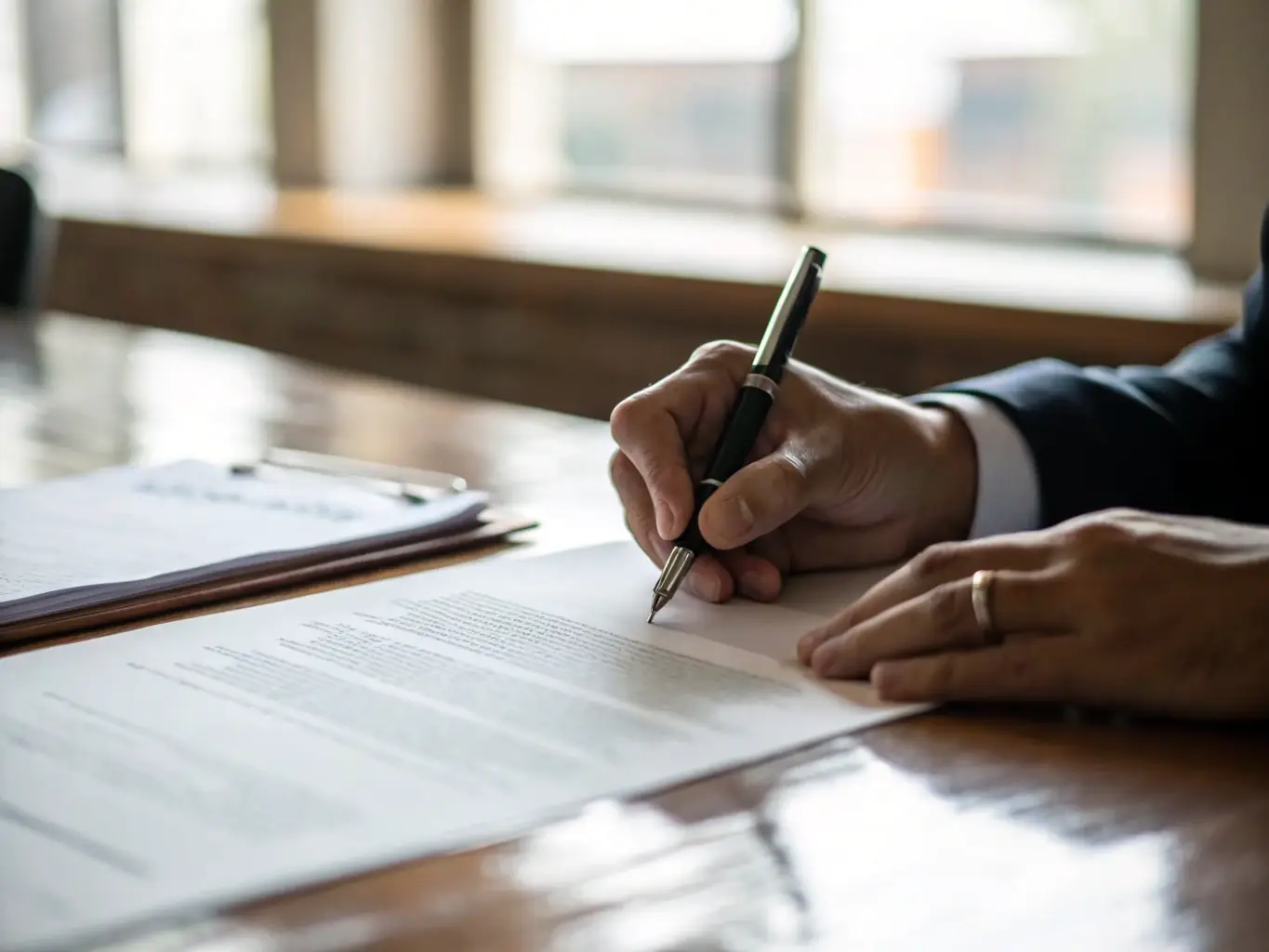 A close-up of a professional signing a partnership agreement, with a branded pen and company logo visible, conveying trustworthiness and long-term business relationships.