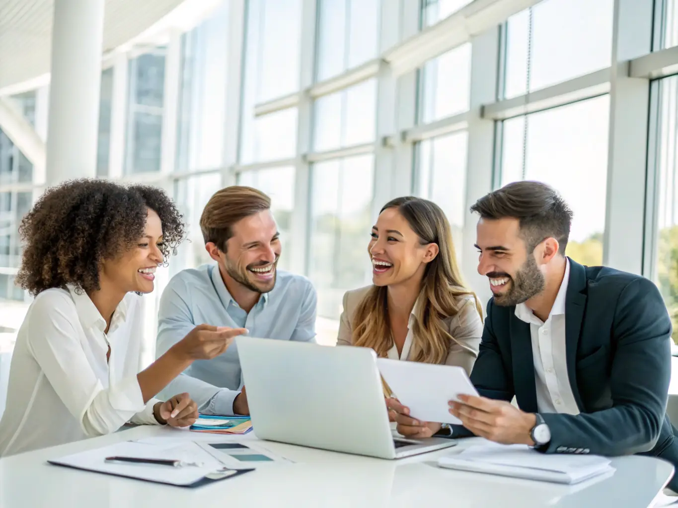 A diverse team of consultants collaborating around a conference table with charts and laptops, representing teamwork, expertise, and a stable, established consulting company.